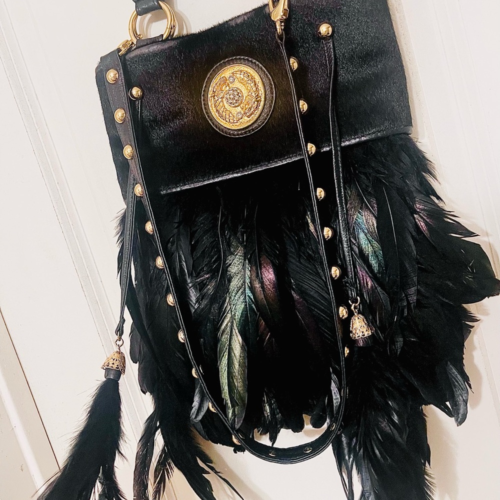 RARE -Michelle Monroe - designer feather /leather - crossbody